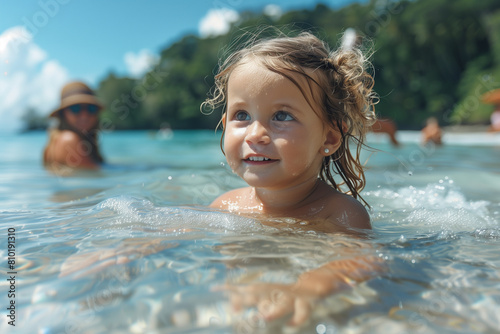 Portrait of adorable baby girl having fun in the sea on summer vacation
