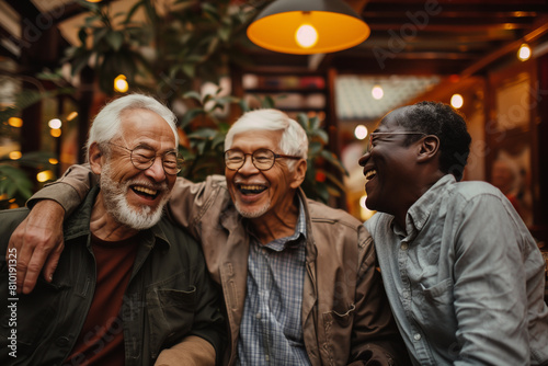 Three elderly men laughing together