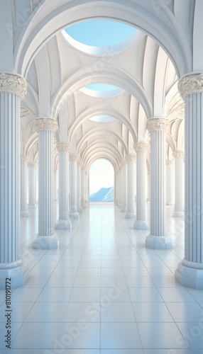 Long White Hallway With Columns and Arches