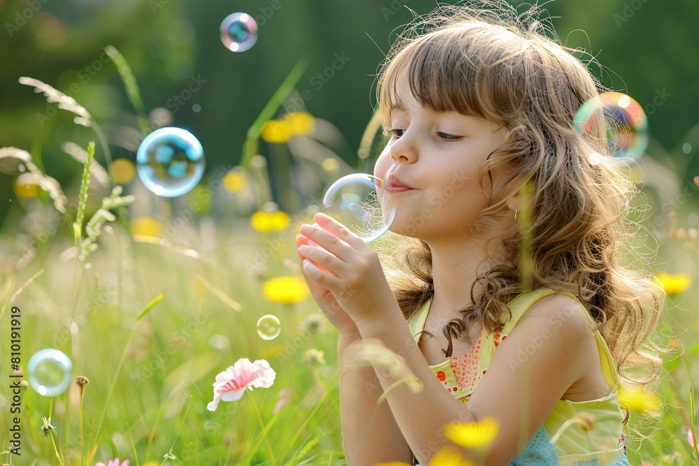 A young girl blowing bubbles in a meadow, her laughter mingling with the gentle rustle of wildflowers in the breeze