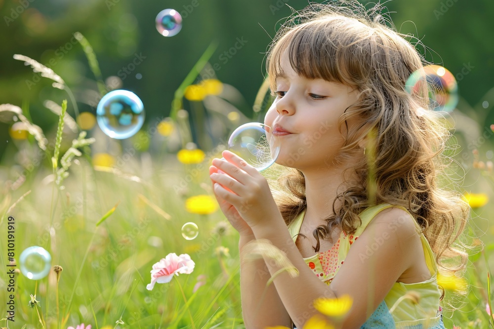 A young girl blowing bubbles in a meadow, her laughter mingling with the gentle rustle of wildflowers in the breeze A young girl blowing bubbles in a meadow, her laughter mingling with the gentle rustle of wildflowers in the breeze