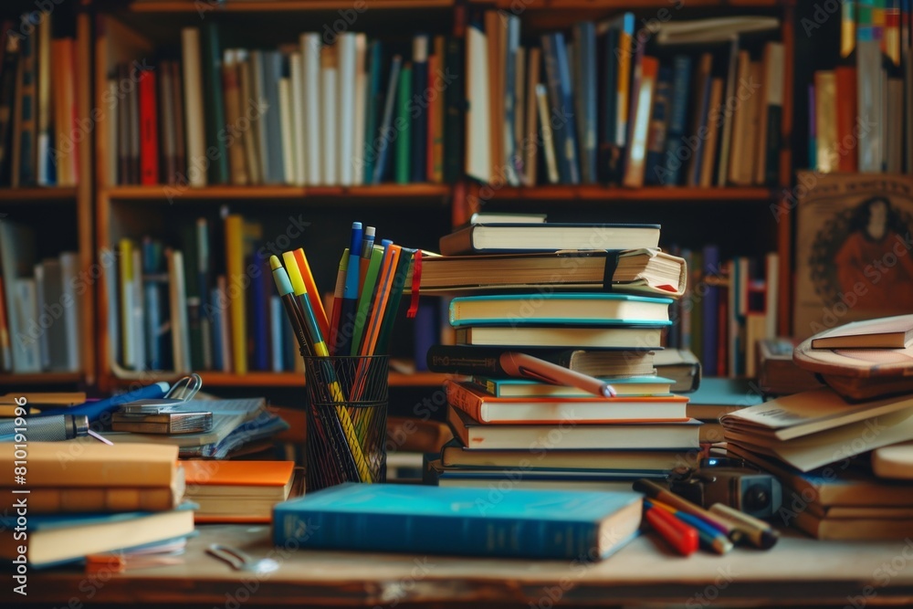 A collection of books stacked on a wooden table, forming a tower of knowledge and imagination. Generative AI A collection of books stacked on a wooden table, forming a tower of knowledge and imagination. Generative AI