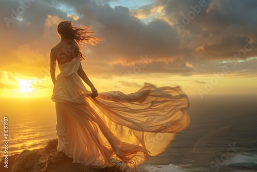 A woman standing on a cliff, her flowing dress billowing in the wind, as she gazes at the sunset over the ocean, radiating peace and contentment