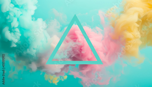 abstract turquoise and pink , yellow  smoke with a central blue  triangle frame for contemporary design photo