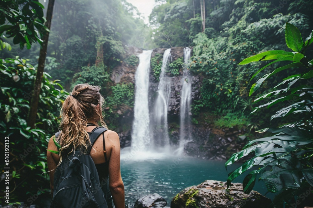 A woman admiring a cascading waterfall in a lush jungle, with mist rising from the pool below, surrounded by towering trees and vibrant flora, feeling the power and beauty of nature A woman admiring a cascading waterfall in a lush jungle, with mist rising from the pool below, surrounded by towering trees and vibrant flora, feeling the power and beauty of nature
