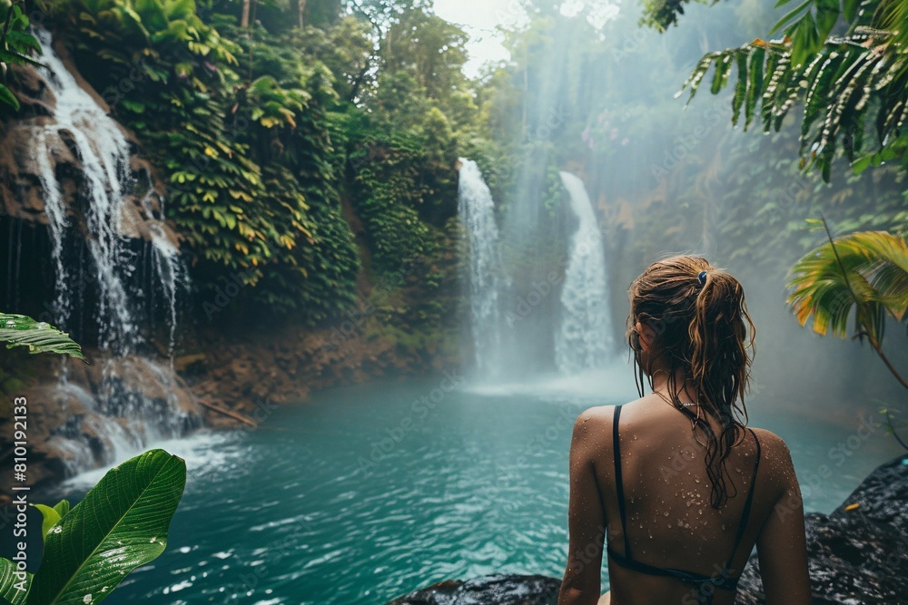 A woman admiring a cascading waterfall in a lush jungle, with mist rising from the pool below, surrounded by towering trees and vibrant flora, feeling the power and beauty of nature