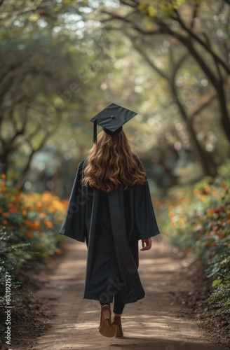 Graduating Woman Walks Down Path