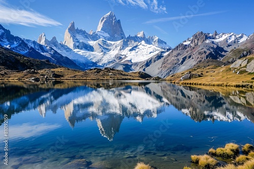 A tranquil mountain lake surrounded by snow-capped peaks, reflected in the mirror-like surface of the water, with a sense of serenity in the air