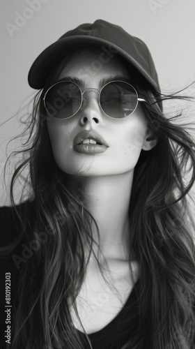 Woman Wearing Baseball Cap and Sunglasses