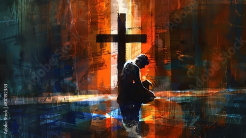 devout young man kneeling before illuminated cross prayerful moment faith and spirituality digital watercolor painting © Jelena