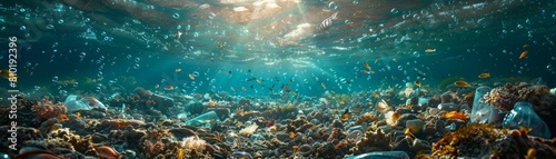 The image shows a beautiful and vibrant coral reef with a diverse array of fish and other marine life.microplastic