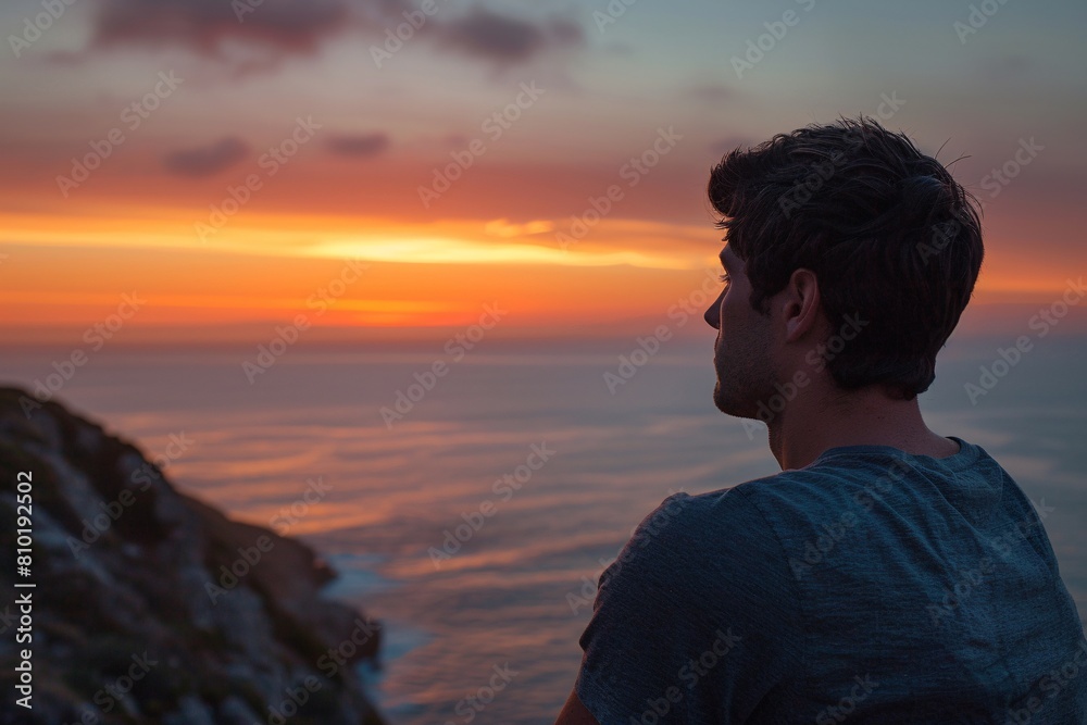 A man with a contemplative expression watching the sunset from a cliff edge, the warm colors of the sky reflected in his eyes, with the vast expanse of the ocean below A man with a contemplative expression watching the sunset from a cliff edge, the warm colors of the sky reflected in his eyes, with the vast expanse of the ocean below