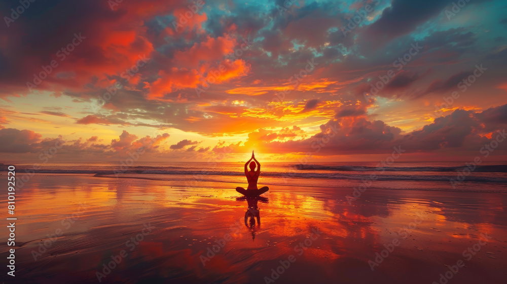 Sunset yoga on a tranquil beach, sky blazes with hues of orange and red.