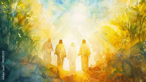 divine transfiguration watercolor painting of jesus appearing with elijah and moses greatest miracle photo