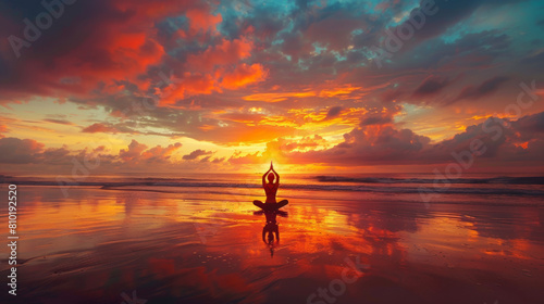 Sunset yoga on a tranquil beach, sky blazes with hues of orange and red. © Synaptic Studio