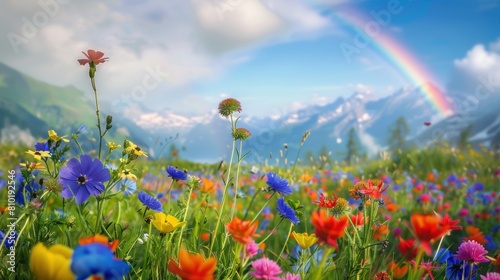 Flower fields with rainbows in the sky  warm and inviting atmosphere