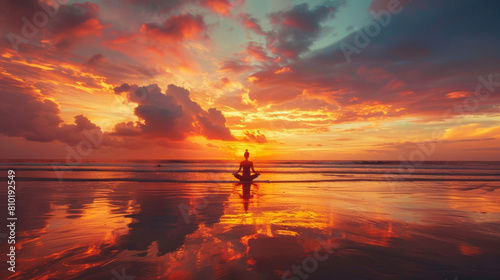 Sunset yoga on a tranquil beach, sky blazes with hues of orange and red.