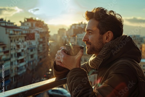 A man savoring a cup of coffee on a cozy balcony, overlooking a bustling cityscape, his contentment evident in the gentle morning light photo