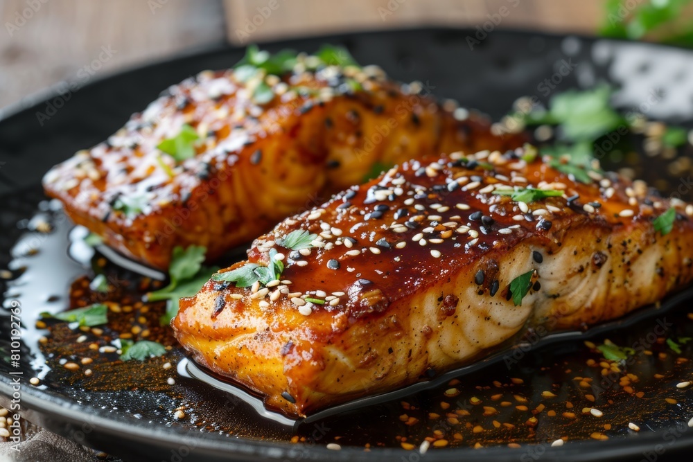 Two Pieces of Salmon on a Black Plate Two Pieces of Salmon on a Black Plate