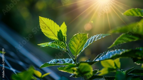 Green energy concept, solar panel leaves growing on a plant, sustainable power metaphor