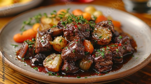 Highlight the richness and complexity of flavors in a plate of beef bourguignon, featuring tender beef stewed in red wine