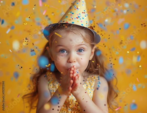 Little Girl Wearing Party Hat Blowing Confetti