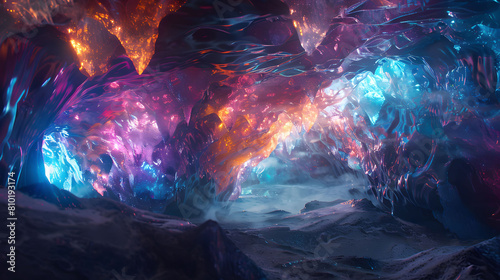 An ice cave with walls that shimmer with colors, reflecting the light from an unseen source. photo