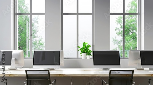Office coworking interior with pc computers in row and window. Mockup wall realistic © Ahtesham