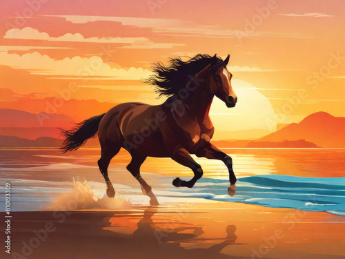 Portrait of a majestic beautiful horse running on sea coast in sunset light. © pictures_for_you