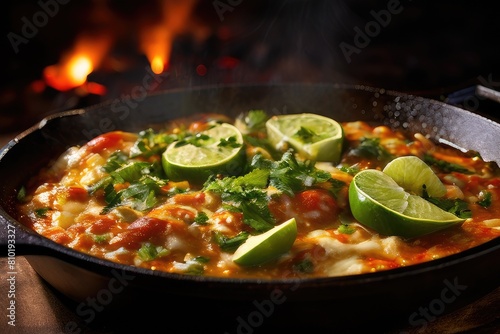 Mexican enchiladas with chicken, vegetables, tomato sauce and cheese.