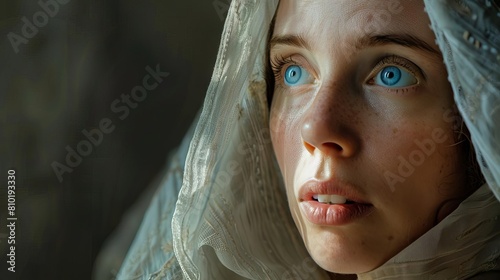 emotional biblical portrait of woman with blue eyes and veil looking heavenward photo