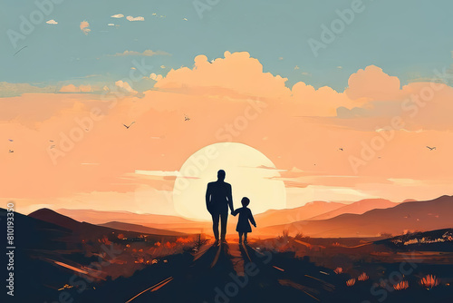 Happy family walk outdoors. Father and child.