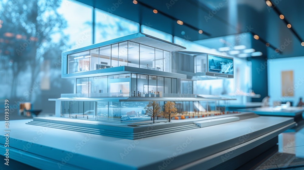 The image shows a model house made of glass and wood. The image shows a model house made of glass and wood.