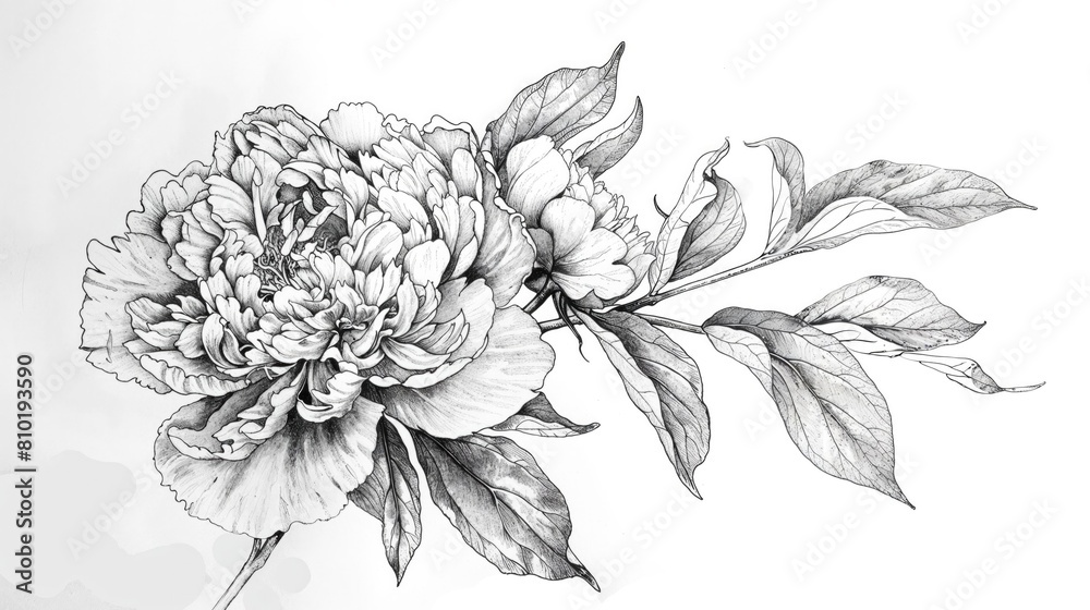 Black-and-White Line, Drawing of a Peony Flower. Beautiful Hand Drawn Rose Isolated on a White Background.