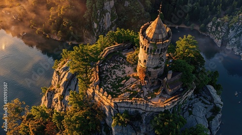 Aerial Shot of Historic European Tower. Beautiful Evening Photography at Sunset.