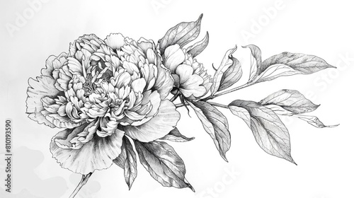 Black-and-White Line, Drawing of a Peony Flower. Beautiful Hand Drawn Rose Isolated on a White Background. photo