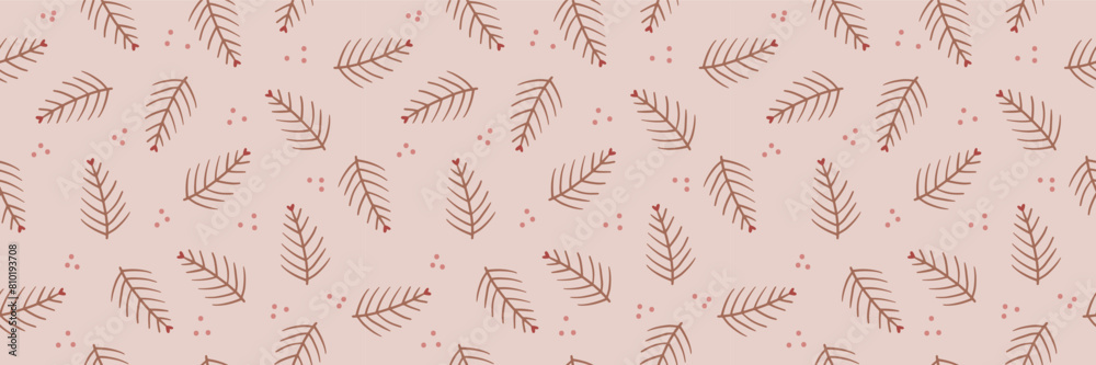 Christmas tree seamless pattern with fir branches and berries on a pink background. Flat boho modern doodle Scandinavian style. Perfect for greeting cards, wallpaper, gift paper, winter decorations Christmas tree seamless pattern with fir branches and berries on a pink background. Flat boho modern doodle Scandinavian style. Perfect for greeting cards, wallpaper, gift paper, winter decorations