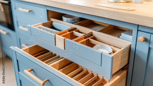 Elegant portrait of light blue drawer interiors with wooden dividers, emphasizing the clean lines and tidy organization