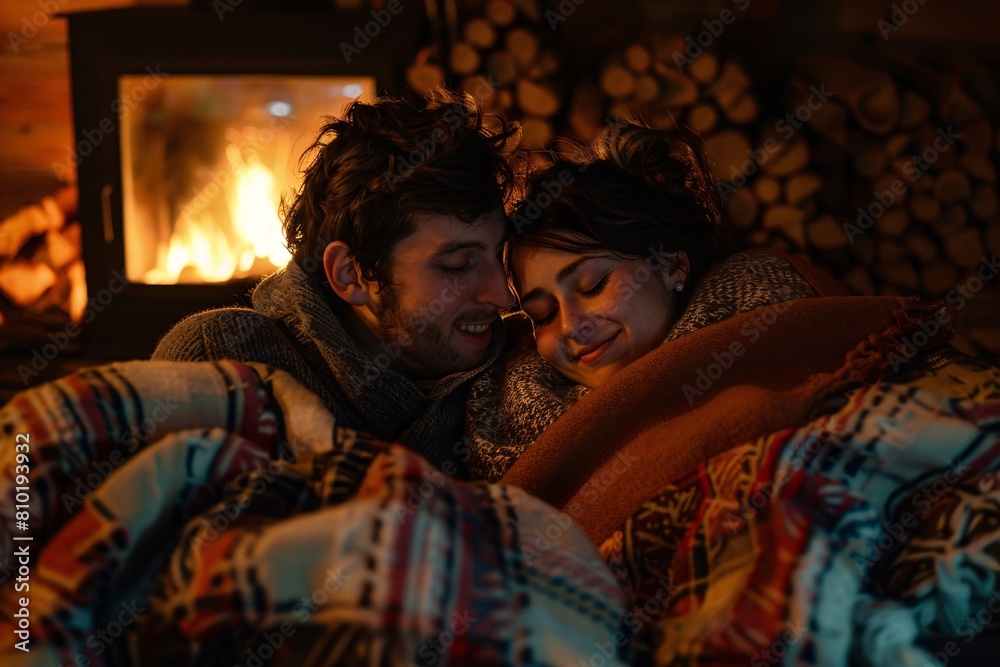 A couple cuddling under a blanket by a crackling fireplace, their faces glowing with warmth and affection A couple cuddling under a blanket by a crackling fireplace, their faces glowing with warmth and affection