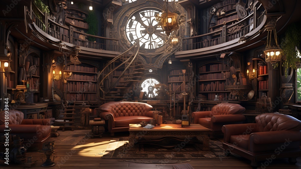Fototapeta premium Shape a wizard's library living room with mystical tomes and intricate magical detailing