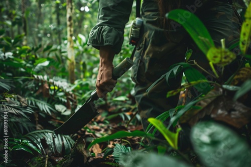 Fototapeta Naklejka Na Ścianę i Meble -  A courageous adventurer hacking through dense jungle foliage with a machete, portraying determination and resilience