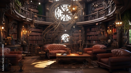 Shape a wizard's library living room with mystical tomes and intricate magical detailing © Muhammad