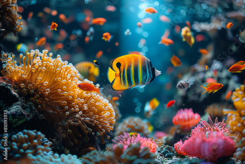 A diorama of a coral reef ecosystem, with vibrant corals, darting fish, and hidden marine creatures, highlighting the importance of ocean conservation. Concept of marine ecology. Generative Ai.