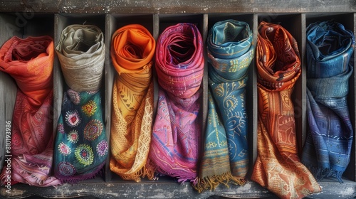 High-res, cinematic portrait of a colorful scarf display in an organizer, contrasted beautifully with a subdued gray background for visual impact