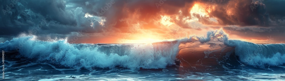 The image shows a rough sea with large waves and a stormy sky. The waves are crashing against the shore.