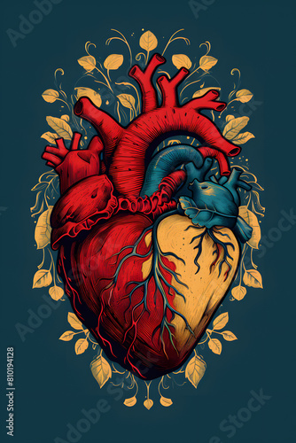 vintage illustration of a human heart, human heart  illustration, illustrated heart of a human