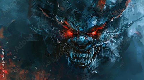 fierce japanese oni demon with glowing red eyes and sharp teeth digital painting photo