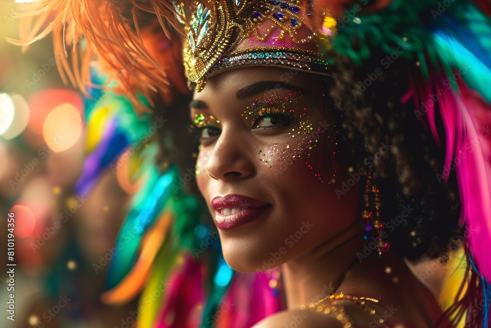 A close-up shot capturing the beauty of a Rio Carnival dancer, adorned in colorful feathers and glittering sequins, moving gracefully