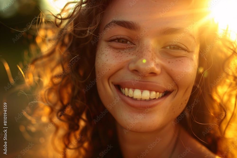 A close-up portrait of a woman, her radiant smile illuminated by the soft glow of dawn, capturing the warmth and serenity of early morning bliss A close-up portrait of a woman, her radiant smile illuminated by the soft glow of dawn, capturing the warmth and serenity of early morning bliss