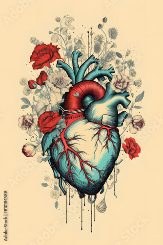 vintage illustration of a human heart, human heart  illustration, illustrated heart of a human